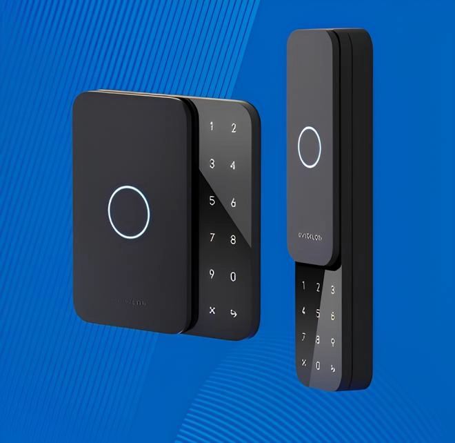 Smart video doorbell and keypad access system with illuminated touch controls for secure entry management.