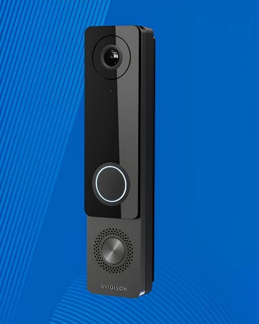 Video doorbell with HD camera, illuminated ring button, built-in speaker, and two-way audio for smart home security.