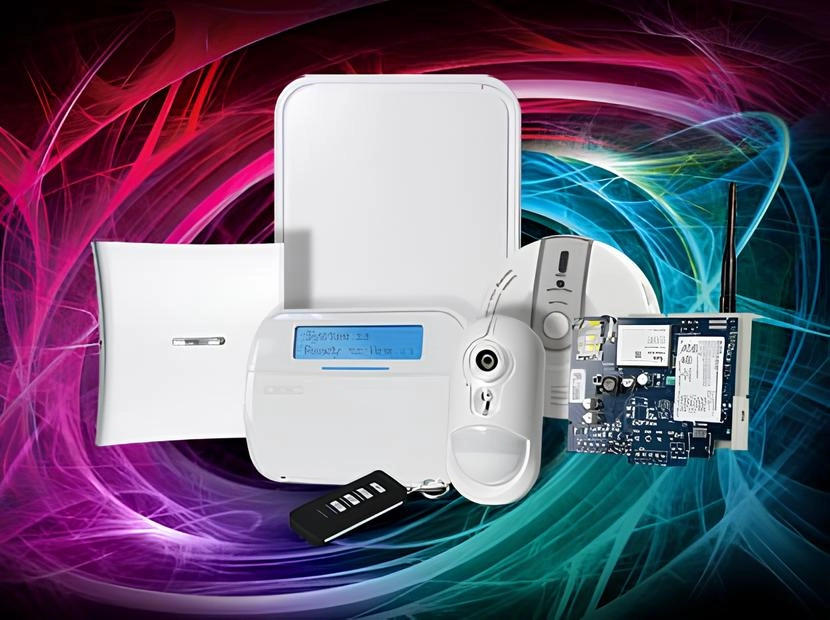 Wireless home security alarm system with control panel, motion sensor, keypad, remote, and GSM communication module.