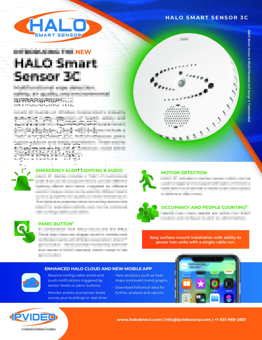 HALO Smart Sensor 3C showing multifunctional vape detection, air quality, motion, and emergency alert features.