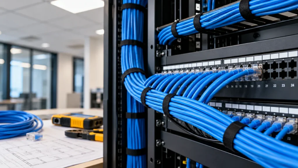 Professional voice and data cabling installation featuring organised blue Ethernet cables, network patch panels and structured cabling equipment.