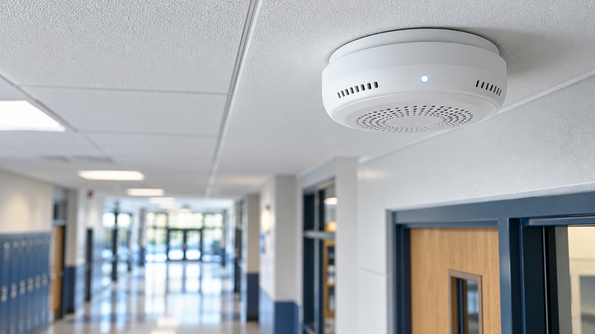 White ceiling-mounted vape detector in a school hallway, showing its compact design, ventilation openings and indicator light.